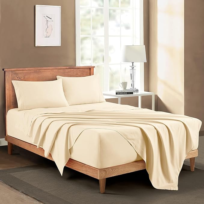 Manyshofu Extra Deep Pocket Twin Sheets Set - Hotel Luxury 1800 Thread Count Sheets & Pillowcases - Kids Bedding Set up to 24" Mattress - Light Beige Bed Sheets 18-24 Inch Deep Pockets - 3 Piece