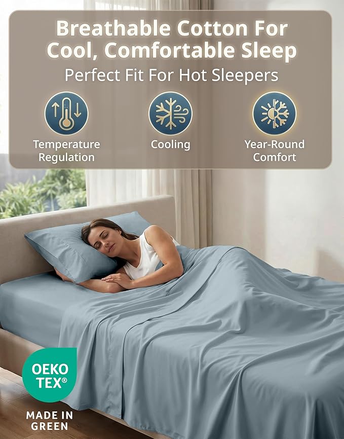 LANE LINEN 100% Cotton Sheets Twin Size - 600 Thread Count Premium Sateen Weave for Gentle Feel On Skin - Extra Soft Hotel Quality Sheets for Dorm Rooms - Oeko Tex Certified - French Blue