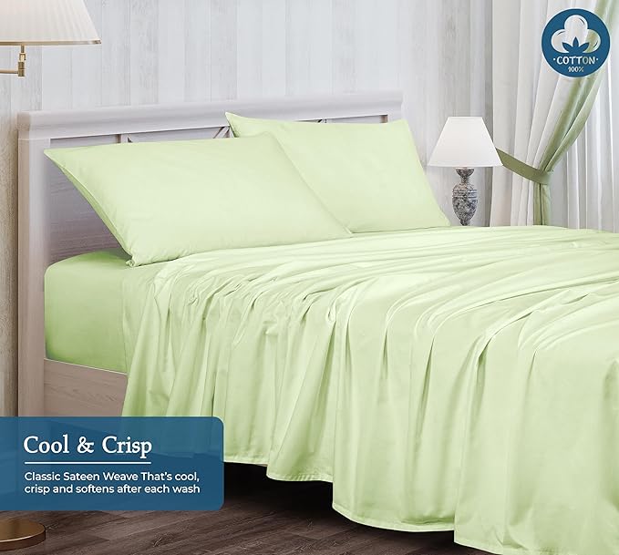 ROYALE LINENS 400 Thread Count 100% American Grown Cotton 4 Piece Sateen Full Sheet Set - 1 Fitted Sheet, 1 Flat Sheet, 2 Pillow case - Green Full Bedsheet - Cotton Sheets - (Full, Florentine Sage)