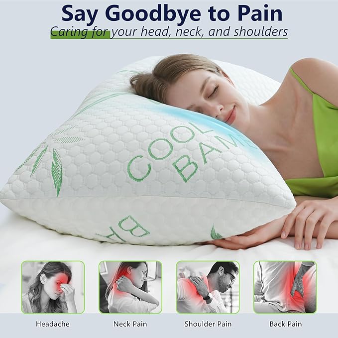 Shredded Memory Foam Pillows, Cooling Pillows Queen Size Set of 2 Adjustable Firm Bamboo Bed Pillows for Hot, Side, Back and Stomach Sleepers