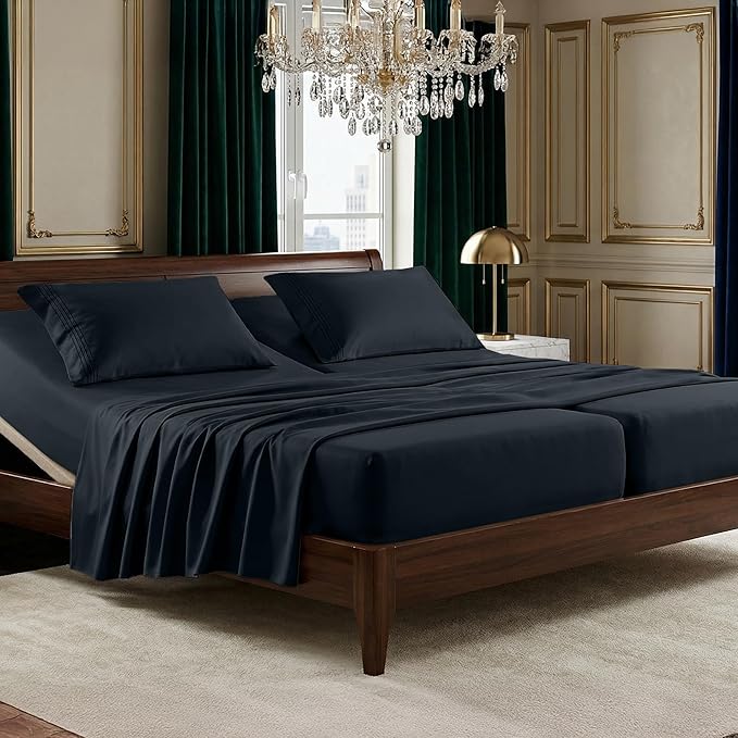 Elegant Comfort Luxurious 1500 Premium Hotel Quality Microfiber Three Line Embroidered Softest 5-Piece Bed Sheet Set, Wrinkle and Fade Resistant, Split King, Black