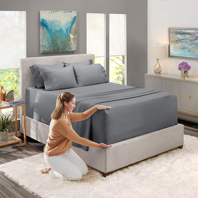 Hearth & Harbor Luxury Soft 6 Piece Bed Sheet Set Extra Deep Pocket Fitted Sheets Fits Mattress up to 21", Double Brushed Bedding Sheets & Pillowcases, Twin, Frost Gray