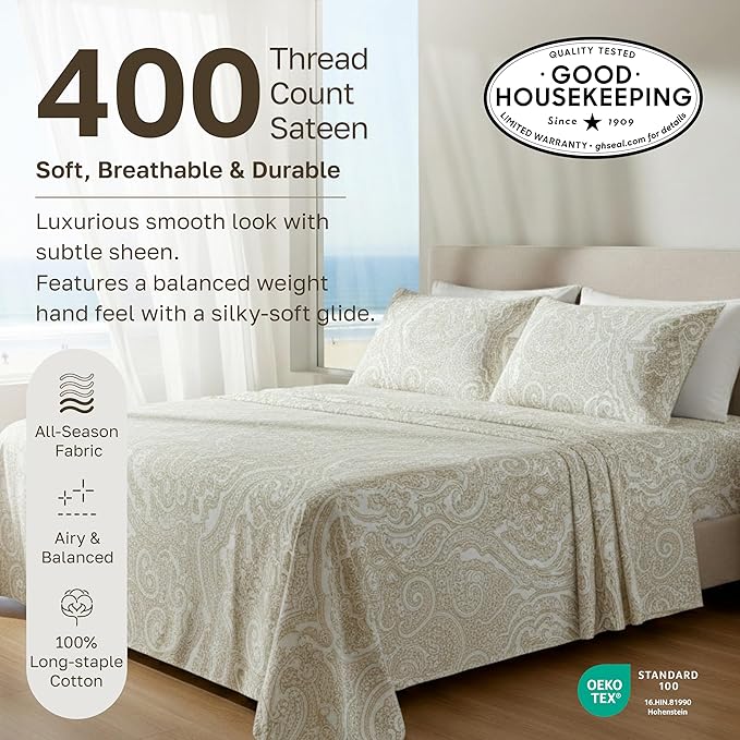 California Design Den Soft 100% Cotton Sheets King Size Set, 400 TC Good Housekeeping Award Winner, Smooth Sateen Finish with Deep Pockets, Cozy and Durable Cotton Bedding Set - Paisley Beige