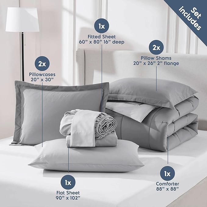 Nestl 9 Piece Queen Comforter Set – Grey Reversible Bed in a Bag – Complete Queen Size Bedding Set with Sheets, Set of 2 Cooling Pillows, Pillowcases and Shams
