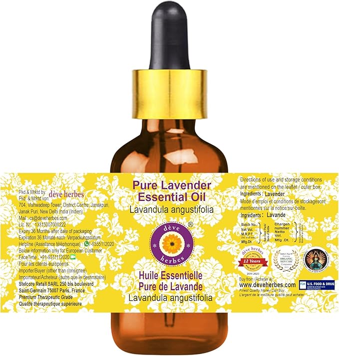 Deve Herbes Pure Lavender Essential Oil (Lavandula angustifolia) (Made in France) with Glass Dropper Steam Distilled 5ml (0.16 oz)