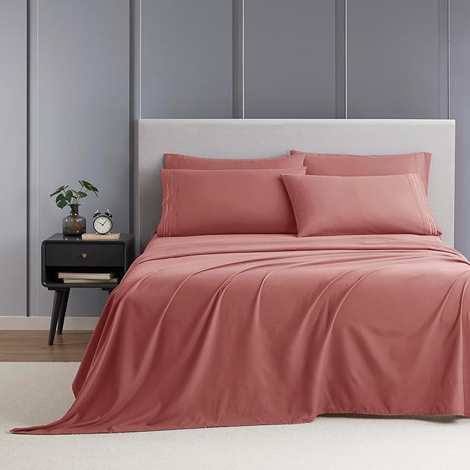 Clara Clark Cal King Sheets - Hotel Luxury 6 Piece Bed Sheets for Cal King Size Bed - Soft Bedding Sheets & Pillowcases, Fits Mattress up to 16 inch deep. California King, Pink Clay