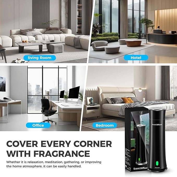 Waterless Scent Diffuser Kit — Covers 1,500 sq. ft. Suitable for Large Rooms, Home, Offices, and Hotels. Includes Five Essential Oils and Remote Control. Black