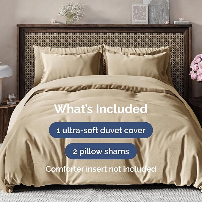 Duvet Cover Full Size Set - Extra Soft Full Duvet Cover 80" x 90" with 2 Pillow Shams - Hotel Luxury, Easy Care & Fade Free with Zipper Closures & Ties - All Season, Comfy & Breathable (Heathered Tan)