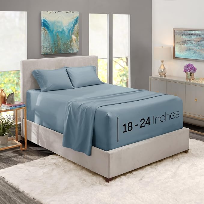 Nestl King Size Sheet Set, 4 Piece Extra Deep Pocket (18-24 inches), Microfiber, Hotel Luxury, Soft, Breathable, Wrinkle-Free, Easy to Care, Stone Blue