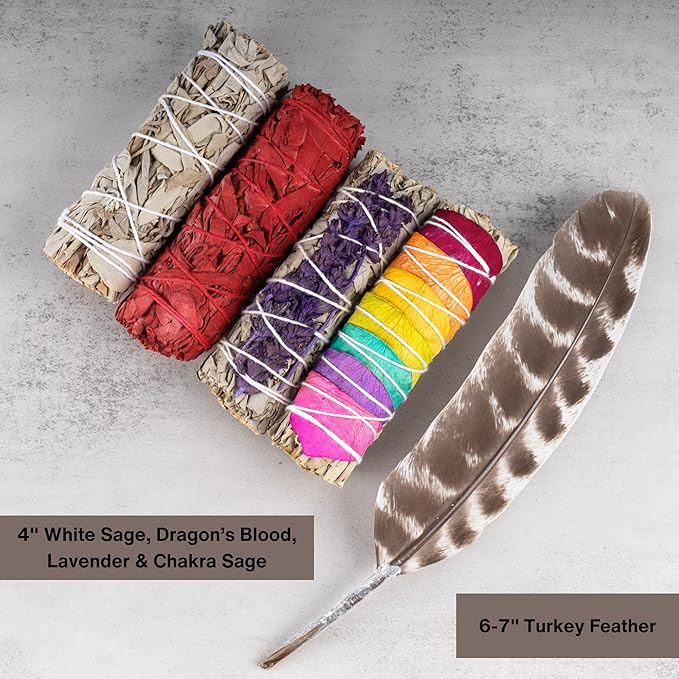 4 pc Smudge Sticks With White Sage, Dragons Blood, Chakra, Lavender, Turkey Feather, & Smudging Guide Home Cleansing, Energy Healing, Meditation, Reiki, & Clearing Negative Energy