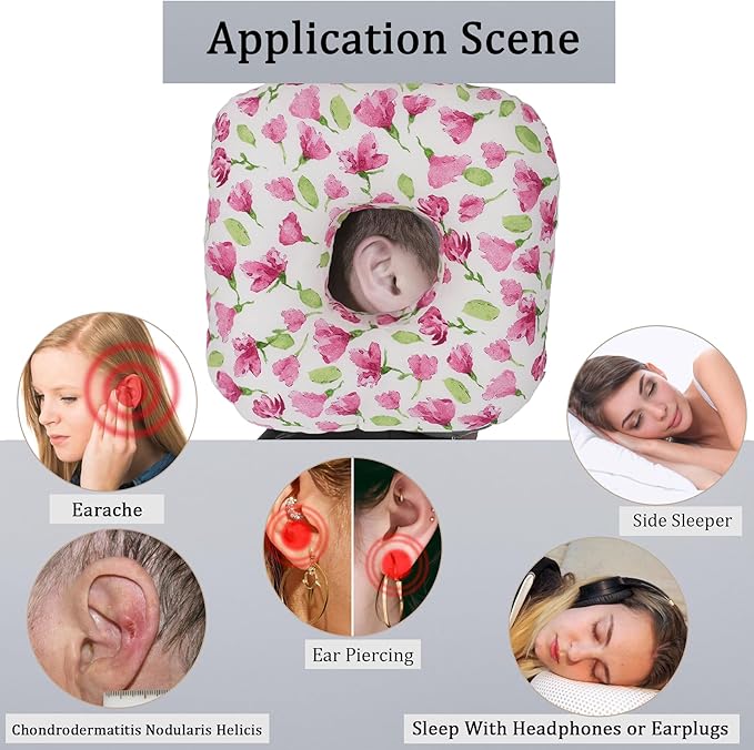 Ear Piercing Pillow for Side Sleepers, Pillow with an Ear Hole for CNH and Ear Pain Ear Inflammation Pressure Sores, O-Shaped Side Sleeping Pillow, Ear Guard Pillow (Rosered Iris Flowers)