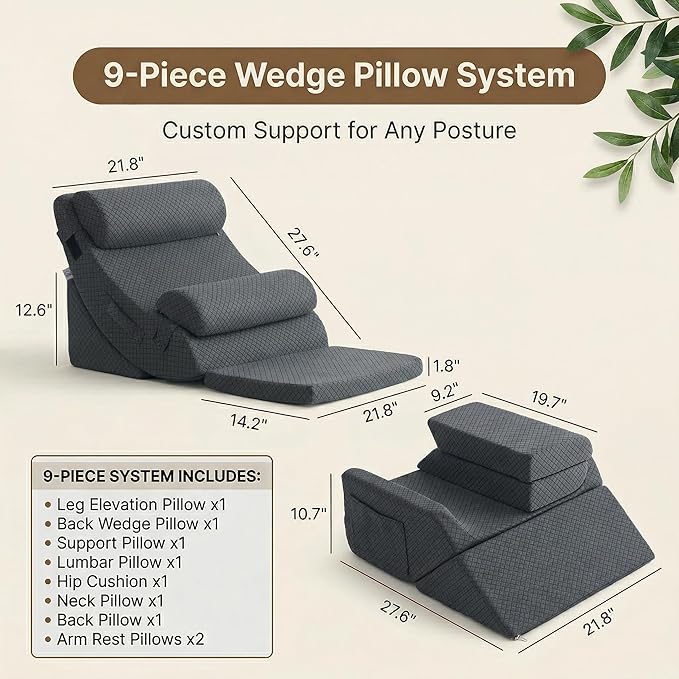 Axelrod 9PCS Orthopedic Bed Wedge Pillow Set, Post Surgery Foam for Back, Neck and Leg Pain Relief Comfortable & Adjustable Pillows- Anti Snoring, Heartburn, Acid Reflux & GERD Sleeping Melange Gray