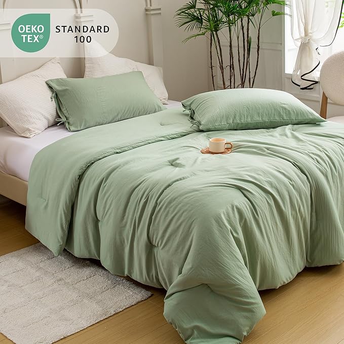 Sage Green Full Size Comforter Set, Super Soft Boho Plush Washed Polycotton Fabric, Cozy Comfy Down Alternative Bedding Blanket Comforter & Pillowcase Lightweight but Warm for All Season Use