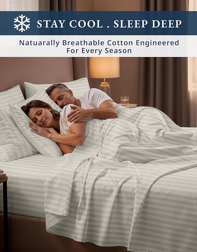 LANE LINEN Striped Sheets Set - 100% Egyptian Cotton 4 Piece Bed for King Size Hotel Bedding & Pillowcases 16" Deep Pocket (Fits Upto 17" Mattress) Silver