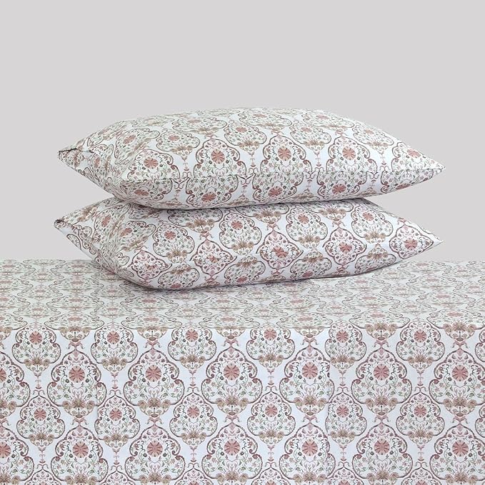 Feather & Stitch Printed 500 TC California King Size 4pc Damask Bed Sheet Set, 100% Soft Cotton Breathable Bedsheets, 18" Deep Pockets Sateen Weave Striped Bedding Mattress - Floral Bloom