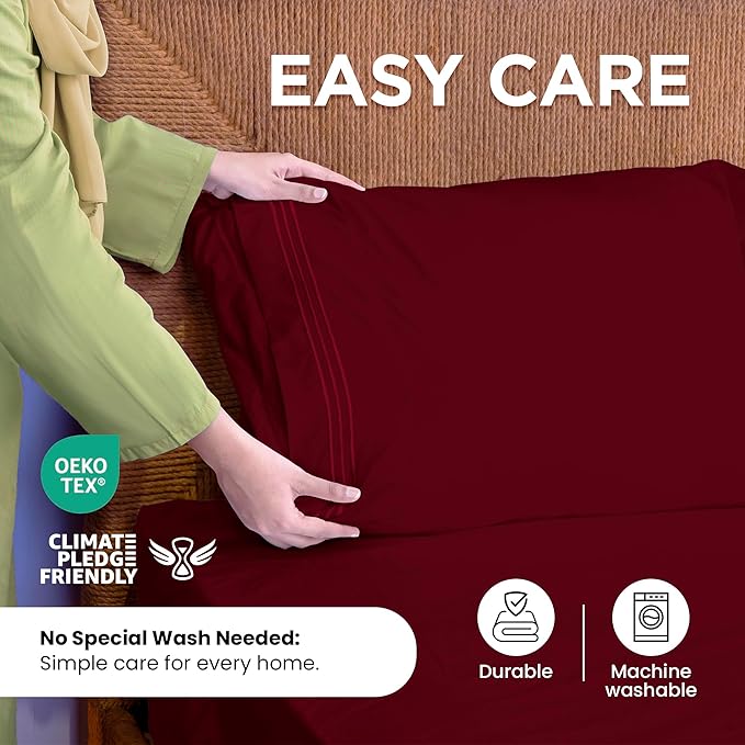 ROYALE LINENS 4 Piece Cal King Sheets Set - Soft Brushed 1800 Microfiber - 1 Fitted, 1 Flat Sheet, 2 Pillow Cases - Wrinkle Free & Fade Resistant - Hotel Luxury Bed Sheets (Burgundy, Cal King)