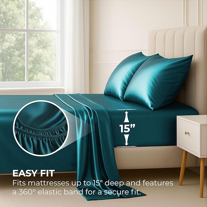 Satin Sheets California King [4-Piece, Teal] Luxury Silky Bed Sheets - Extra Soft 1800 Microfiber Sheet Set, Wrinkle, Fade, Stain Resistant - Deep Pocket Fitted Sheet, Flat Sheet, Pillow Cases