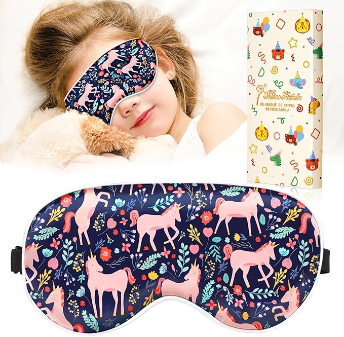 Miss Adola Sleep Mask for Kids - Cute Kawaii Cartoon Silk Sleeping Mask with Adjustable Strap Soft Smooth Light Eye Mask for Sleeping Silk Kids Eye Cover for Boys Girls Teens, BU Wildflower Unicorn