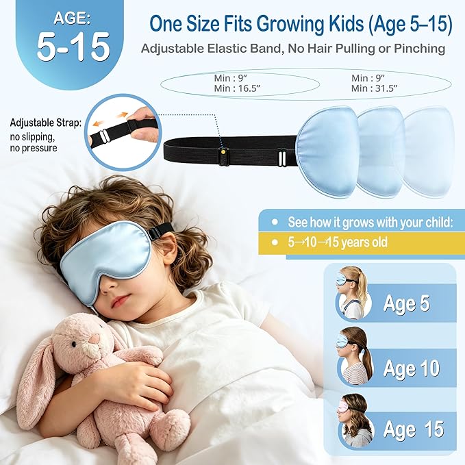 Kids Sleep Mask Eye Cover, Silk Sleeping Mask for Kids, Soft Blackout Blindfold Eye Mask with Adjustable Strap & Laundry Bag for Easy Washing, Gift for Girls Boys Ages 5-15 (Blue)