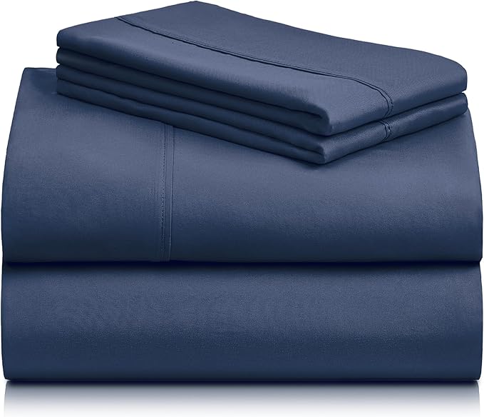 LuxClub 4 PC California King Sheet Set, Breathable Luxury Bed Sheets, Deep Pockets 18" Wrinkle Free Cooling Sheets Machine Washable Hotel Bedding Silky Soft - Navy Cal King