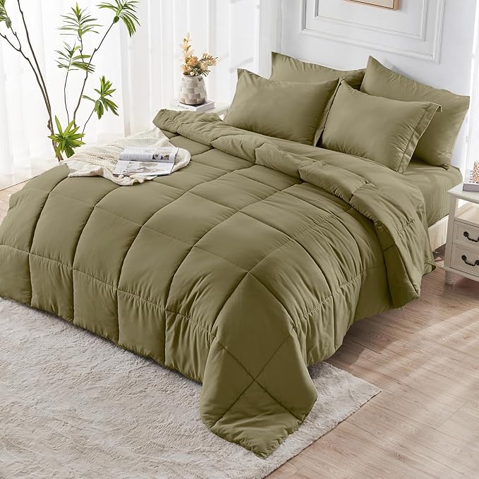 JOLLYVOGUE Queen Comforter Set, Ultra-Soft Bed in a Bag Queen Size 7 Pieces, Oeko-TEX Certified Bedding Set with Down Alternative Comforter, Sheets, Pillowcases & Shams, Olive Green