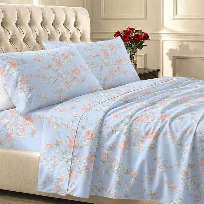 California Design Den Soft 100% Cotton Bed Sheets Twin Size Set, 400 Thread Count Good Housekeeping Award Winner, Smooth Sateen Finish, Cozy and Durable Twin Bedding Set - Floral Blue/Pink