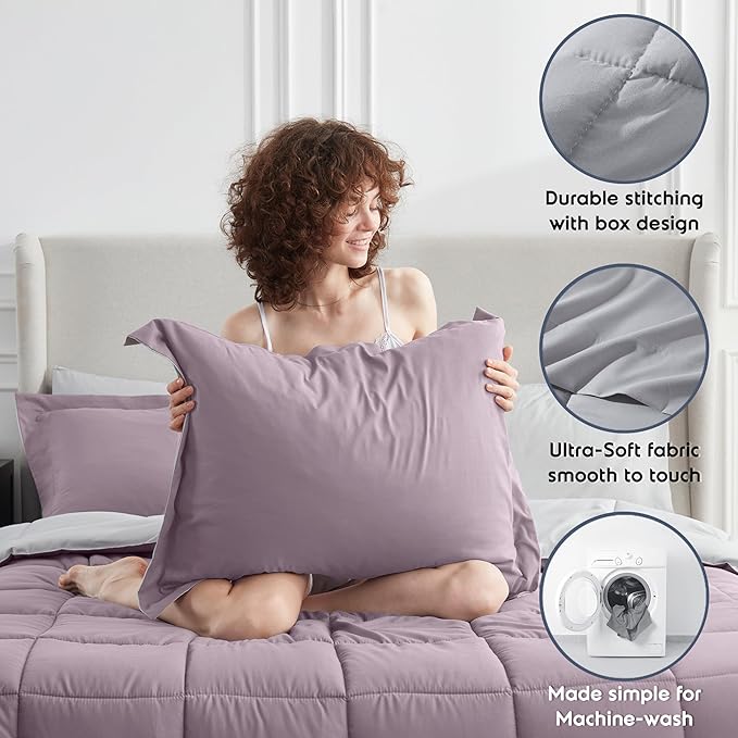 Nestl 9 Piece King Comforter Set – Dusty Purple Reversible Bed in a Bag – Complete King Size Bedding Set with Sheets, Set of 2 Cooling Pillows, Pillowcases and Shams