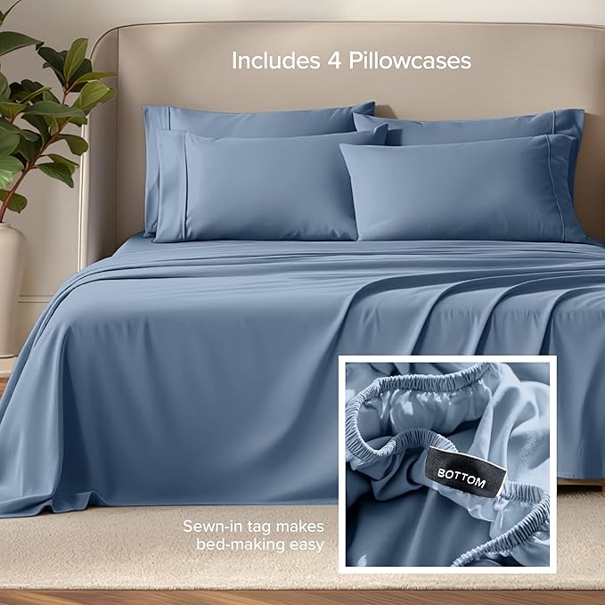 Bare Home Hotel Luxury Full XL Sheet Set, Extra Soft, 6 Piece Set, Deep Pockets, Easy Fit, Cooling & Breathable, Wrinkle, Fade, Stain Resistant, Includes 4 Pillowcases (Full XL, Coronet Blue)