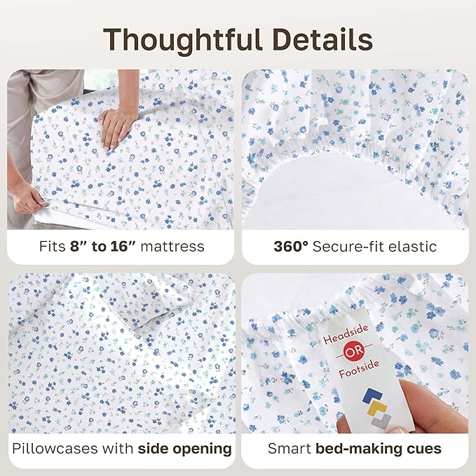 California Design Den Soft King Size 100% Cotton Sheet Sets, 400 TC Good Housekeeping Award Winner, Smooth Sateen Finish with Deep Pockets, Cozy and Durable King Bedding Set - Floral White/Blue