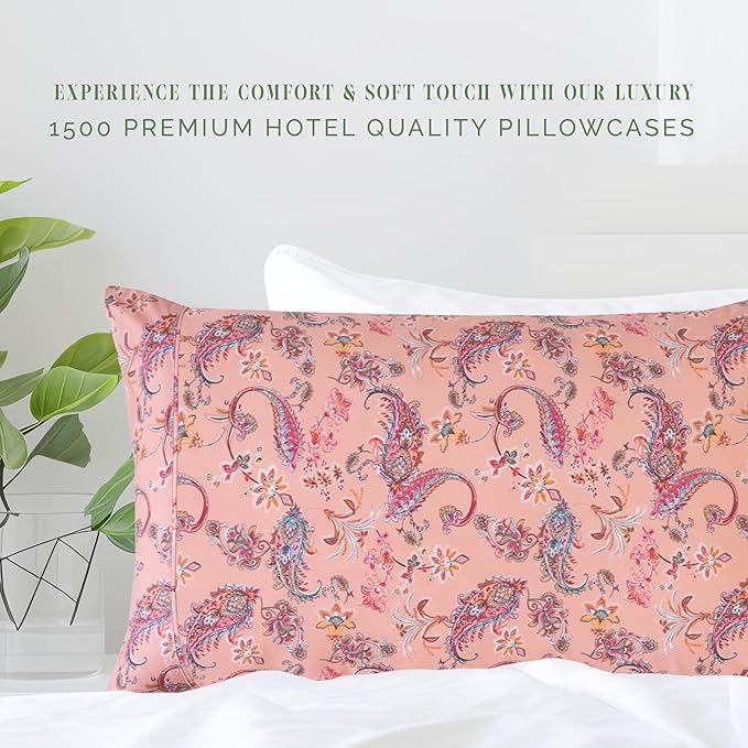 Elegant Comfort Ultra Soft Set of 2 Floral Print Pillowcases - 1500 Premium Hotel Quality Microfiber, Soft and Smooth Envelope Closure 2-Piece Pillow Covers - Standard/Queen, Paisley Coral
