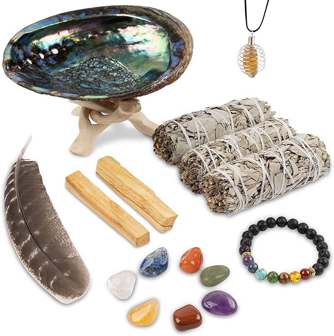 Wish Well Sage Smudge Kit - 3 White Sage Sticks, 2 Palo Santo Sticks, Abalone Shell, Stand, Smudging Feather, 7 Chakra Stones & Crystal Bracelet ~ Sage Incense Sticks for Cleansing House & Meditation