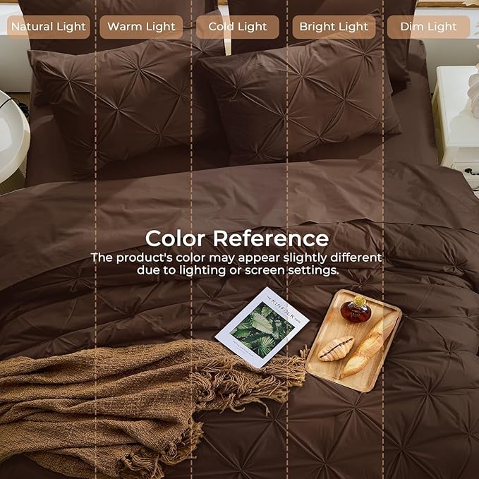 Sasttie King Size Comforter Set, 7-Piece Bed in a Bag, Pintuck Bedding Set for All Season, Includes Comforter, Flat Sheet, Fitted Sheet, Pillowcases and Pillowshams, Dark Brown