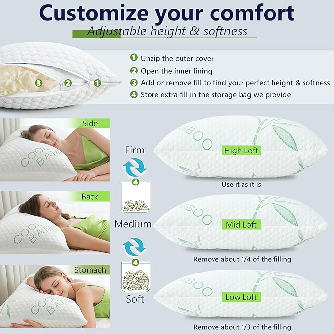 Shredded Memory Foam Pillow, Cooling Pillow Queen Size 1 Pack Adjustable Firm Bamboo Bed Pillow for Hot, Side, Back and Stomach Sleepers