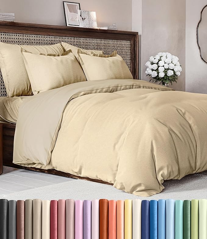 Duvet Cover Full Size Set - Extra Soft Full Duvet Cover 80" x 90" with 2 Pillow Shams - Hotel Luxury, Easy Care & Fade Free with Zipper Closures & Ties - All Season, Comfy & Breathable (Heathered Tan)