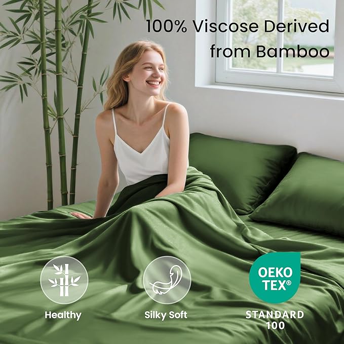 Love's cabin 3 Piece Twin XL Sheet Set, 100% Rayon Derived from Bamboo, Cooling & Breathable, Soft Silky Deep Pocket up to 16", Hotel Luxury Bedding for Hot Sleepers, Olive Green