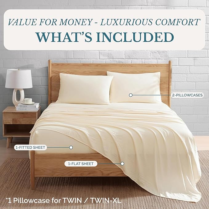 Casa Platino Sheet Sets Twin Size Bed, Hydro-Brushed Microfiber Sheets, 3 Piece Set, Pre-Washed Twin Sheet Set, Ultra Soft, Easy Care, Cozy with Deep Pockets – Ivory