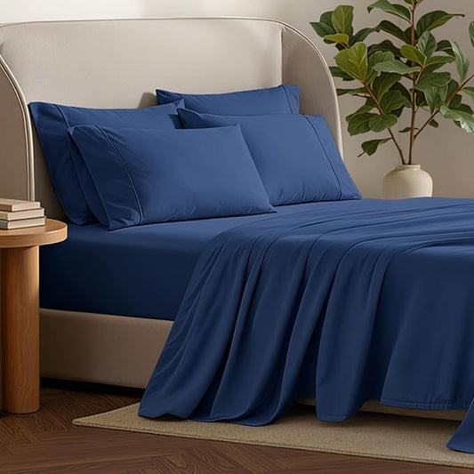Bare Home Hotel Luxury Cal King Sheet Set, Extra Soft, 6 Piece Set, Deep Pockets, Easy Fit, Cooling & Breathable, Wrinkle, Fade, Stain Resistant, Includes 4 Pillowcases (California King, Dark Blue)