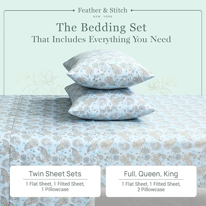 Feather & Stitch Softest 100% Cotton Sheets, 300 Thread Count Percale Weave Bedding, 16" Deep Pocket, Cooling Sheets, Breathable Bed Set, Hotel Premium Quality (Full, Aqua Paisley)