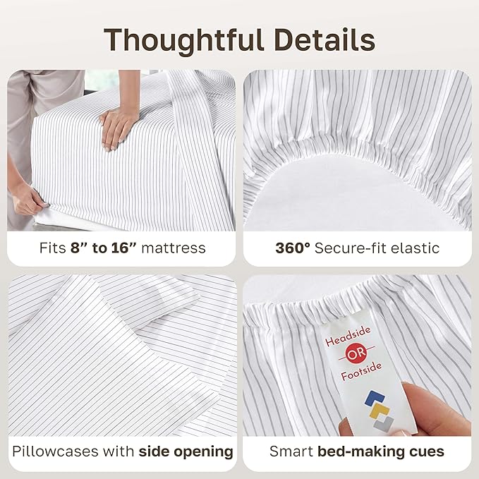 California Design Den Soft 100% Cotton Queen Size Bed Sheets Set, 400 TC Good Housekeeping Award Winner, Smooth Sateen Finish with Deep Pockets, Cozy and Durable Queen Bedding Set - Pinstripe