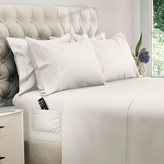 DREAMCARE Queen Sheet Set - 6 pcs Breathable Cooling Bed Sheets - up to 15" Deep Pocket Queen Sheets Set with Side Pockets - Extra Soft 100% Brushed Hypoallergenic Hotel Luxury Bedding - Ivory
