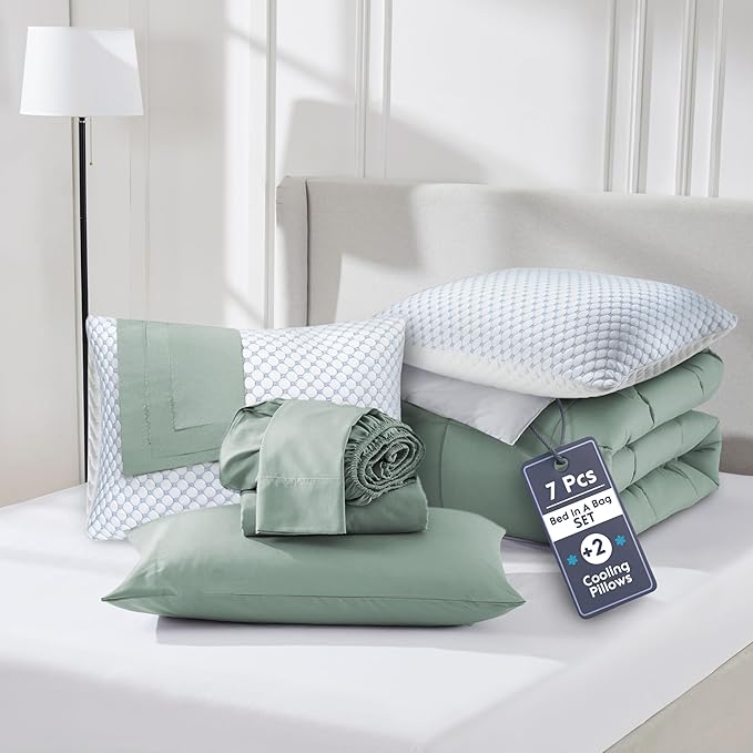 Nestl 7 Piece Twin XL Comforter Set – Sage Green Reversible Bed in a Bag – Complete Twin XL Size Bedding Set with Sheets, Set of 2 Cooling Pillows, Pillowcase and Sham