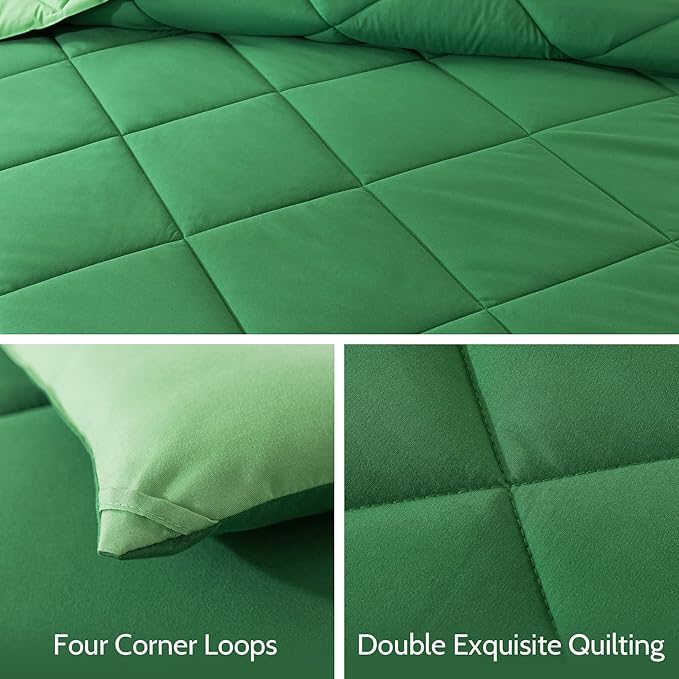 Decroom Lightweight Queen Comforter Set with 2 Pillow Sham - 3 Pieces Set - Quilted Down Alternative Comforter/Duvet Insert for All Season - Olive Green/Grass Green - Queen Size