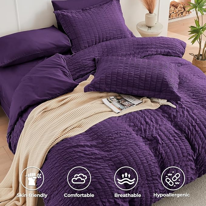 HYMOKEGE Dark Purple California King Comforter Set Seersucker 7 Pieces, All Season Luxury Bed in a Bag for Bedroom, Bedding Set with Comforter, Sheets, Pillowcases & Shams
