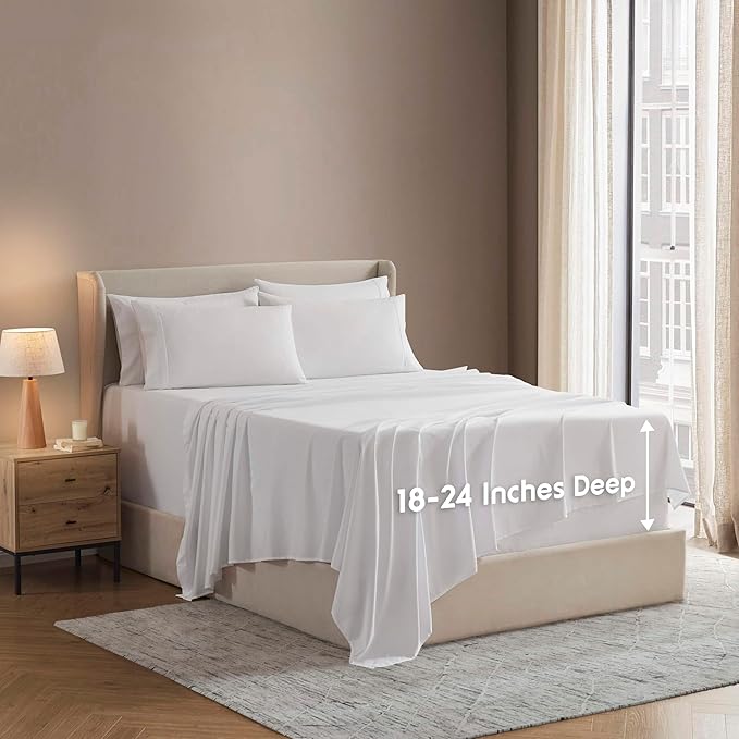 Nestl Extra Deep Split King Sheet Set - 7 Piece Breathable & Cooling Sheets - Hotel Luxury Bedding Set w/18-24 Inch Deep Pockets - Easy & Secure Fit - Super Soft, Wrinkle Free & Comfy - White