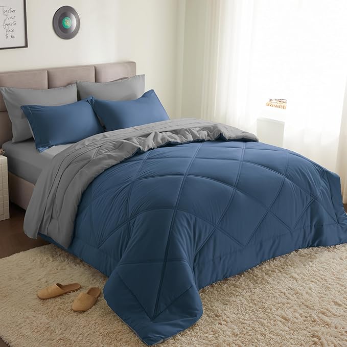 Joiedomi California King Comforter Set with Sheets Navy Blue, 7 Pieces Bedding Set with 1 Down Alternative Comforter, 1 Flat Sheet, 1 Fitted Sheet, 2 Pillowcases and 2 Pillow Shams, Bed in a Bag