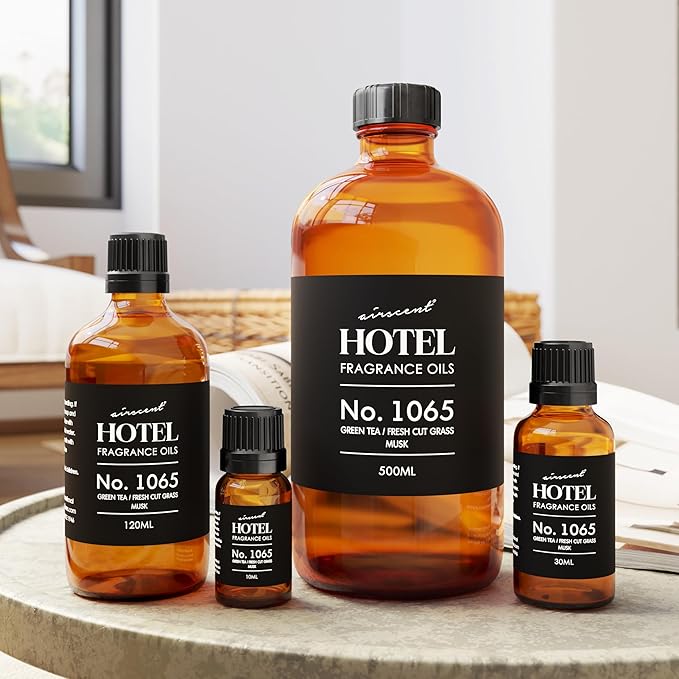 AirScent Hotel Diffuser Oil No. 1065 - Green Tea & Fresh Cut Grass - Premium Fragrance Oil for Ultrasonic and Waterless Diffusers and Crafting - 120 mL, 4 fl oz Glass Dropper Bottle