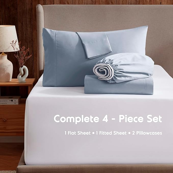 Nestl Extra Deep Twin Sheet Set - 4 Piece Breathable & Cooling Sheets - Hotel Luxury Bedding Set w/18-24 Inch Deep Pockets - Easy & Secure Fit - Super Soft, Wrinkle Free & Comfy - Ice Blue