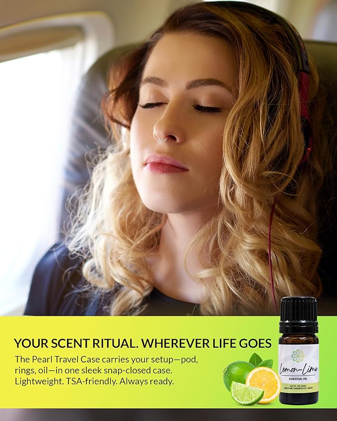 Essence Pearl Travel Case | Lemon-Lime Essential Oil | Aromatherapy Nasal Diffuser & Essential Oil Carrying Case | Uplifting Citrus Blend | Travel-Friendly Kit | White Pod