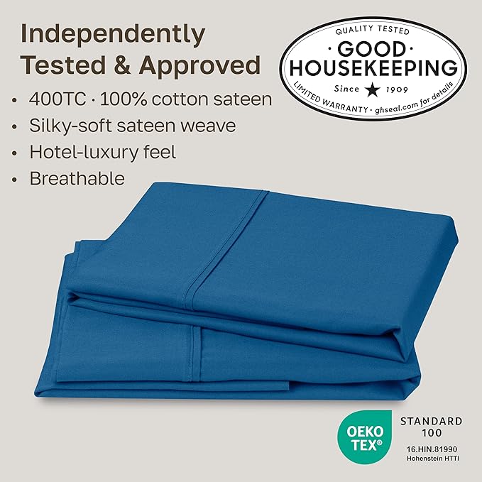 California Design Den Standard/Queen Pillow Cases Set of 2-400 Thread Count Sateen, Natural 100% Cotton Pillowcases Standard, Soft, Roomy and Breathable - Cobalt Blue