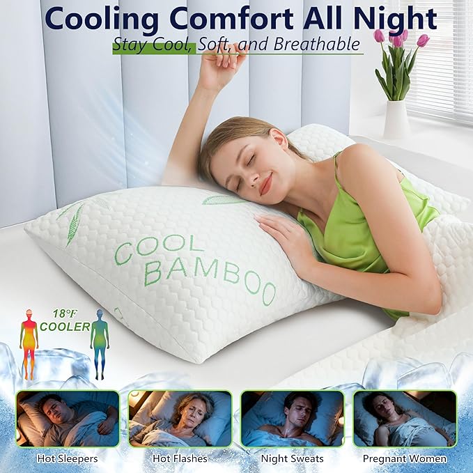Shredded Memory Foam Pillow, Cooling Pillow King Size 1 Pack Adjustable Firm Bamboo Bed Pillow for Hot, Side, Back and Stomach Sleepers